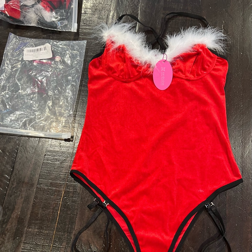 Red Velvet Bodysuit with White Fur Trim & black size small new!